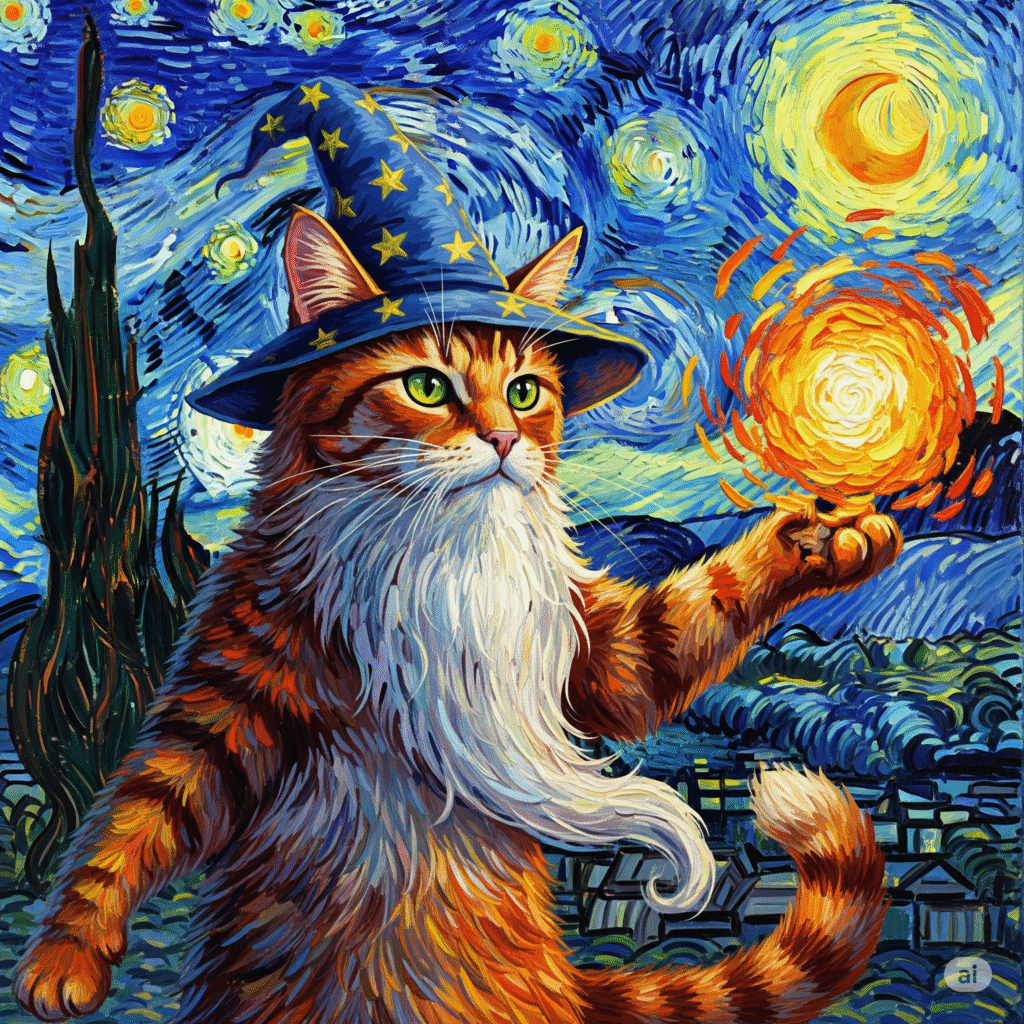 Meet the cat wizard Whiskerion, an epic orange kitty with a long white beard and magical blue wizard hat. He stares into the starry night, conjuring a fireball to keep his furry paws warm.