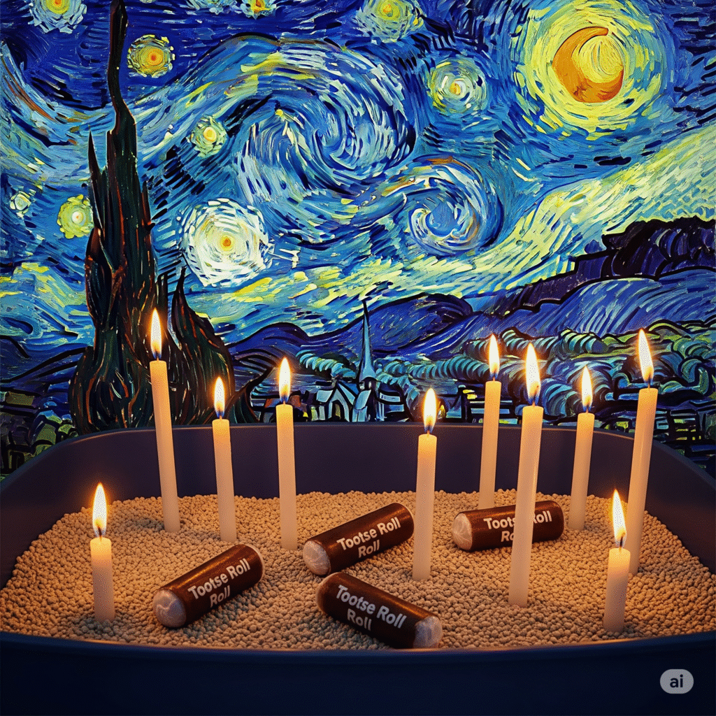 Litterbox birthday cake with 9 candles and tootsies roll chocolate "poop" in the art style of Van Gogh