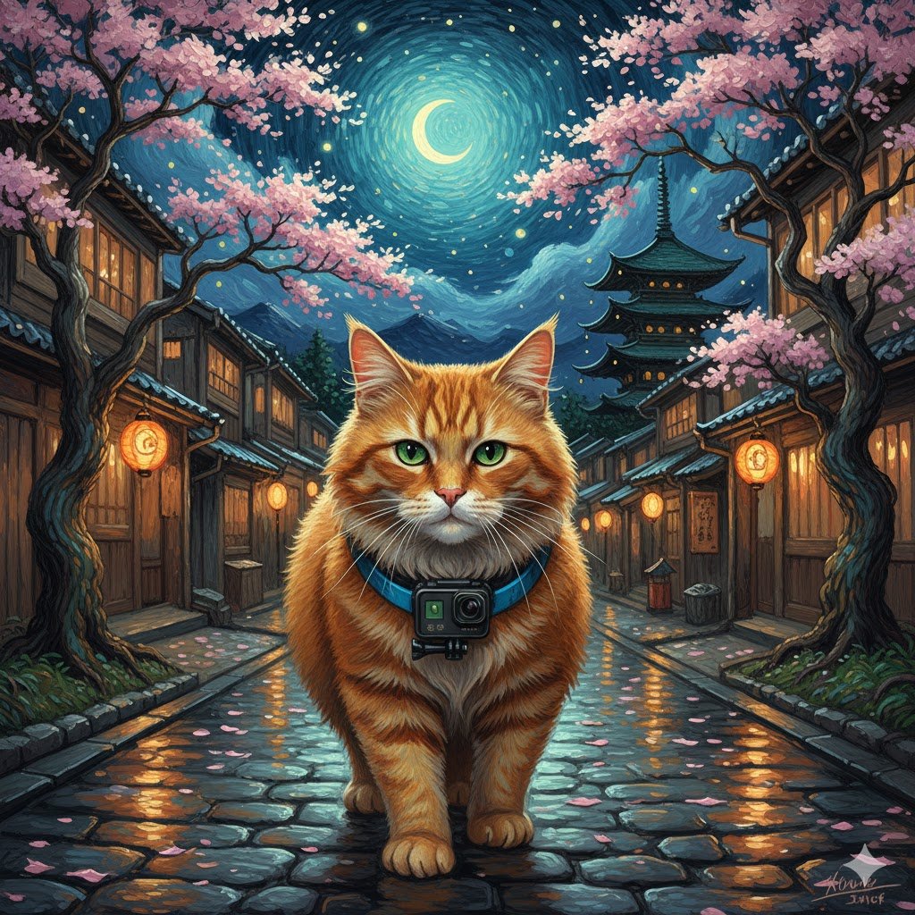 Orange cat walking down an Edo-style street at night with the pink Sakura flowers surrounding it. The orange cat has a collar with a camera attached to it.
