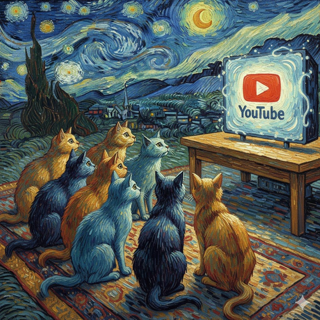 A group of cats in Van Gogh art style sitting around a TV watching You Tube