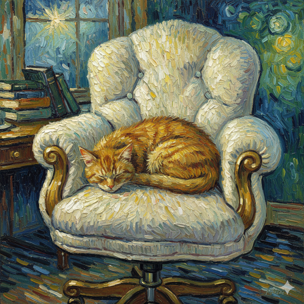 Red tabby curled up on a fluffy fancy office chair in the art style of Van Gogh