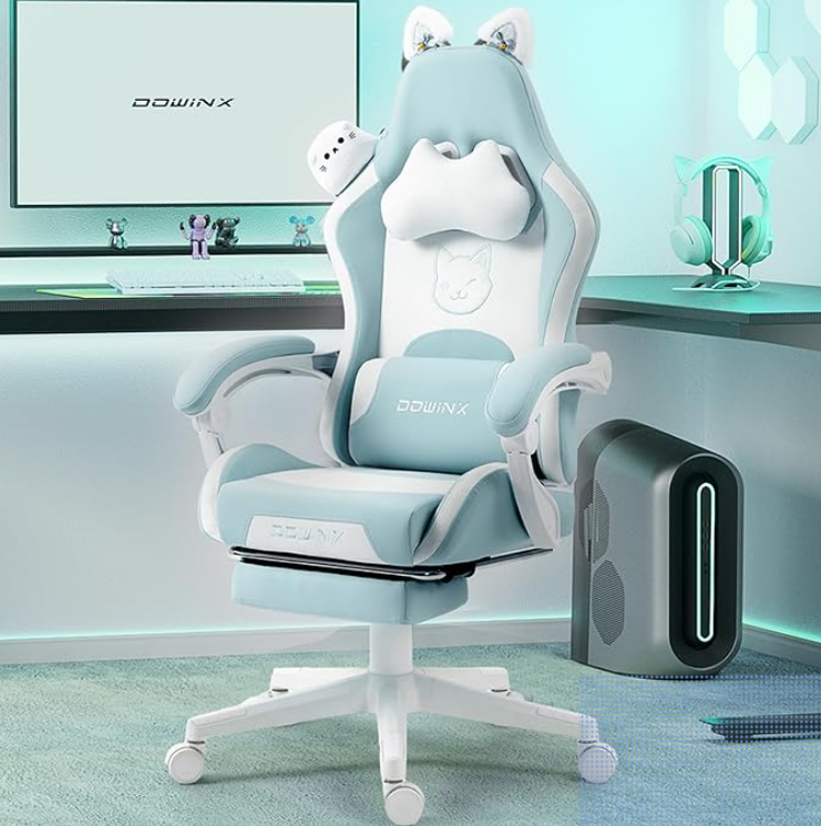 Downix's teal gaming chair from its Amazon.com page. It has several cute accessories such as cat ears and cat imprints. It looks very cute and ergonomical.