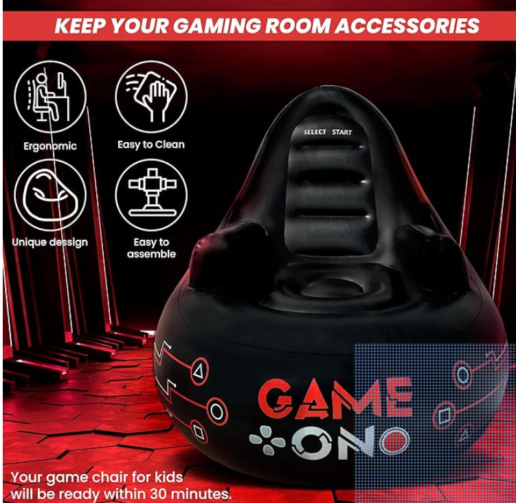 FranFusions Game Ono black inflatable gaming chair.