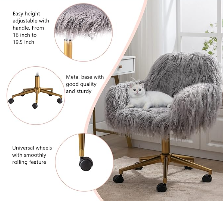 GOOLON''s Fuzzy Swivel Chair. Grey Faux fur chair being sampled by a fluffy white kitty cat.