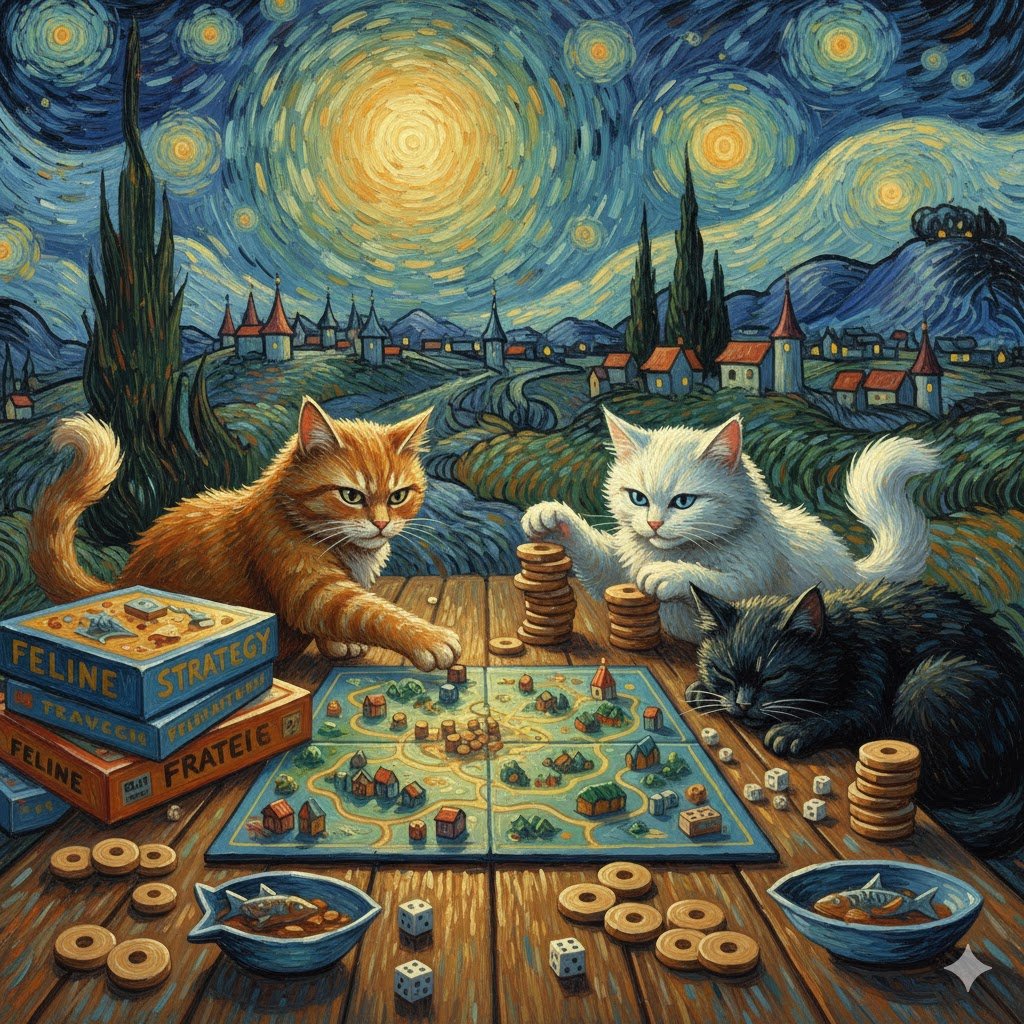Cat playing board games on a starry night.